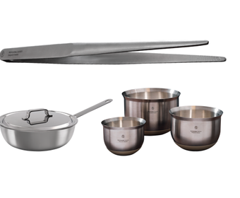 kitchen tweezers, sauteuse, mixing bowls